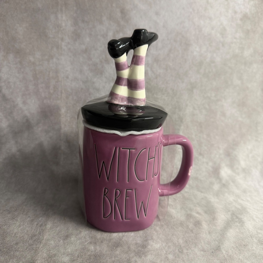 Rae Dunn Witch's Brew Mug Purple Witch Legs Lid Halloween Ceramic 16oz Cup